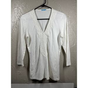 J Mclaughlin White Ivory‎ V Neckline Crochet 3/4 Sleeve Top Shirt Womens Size XS